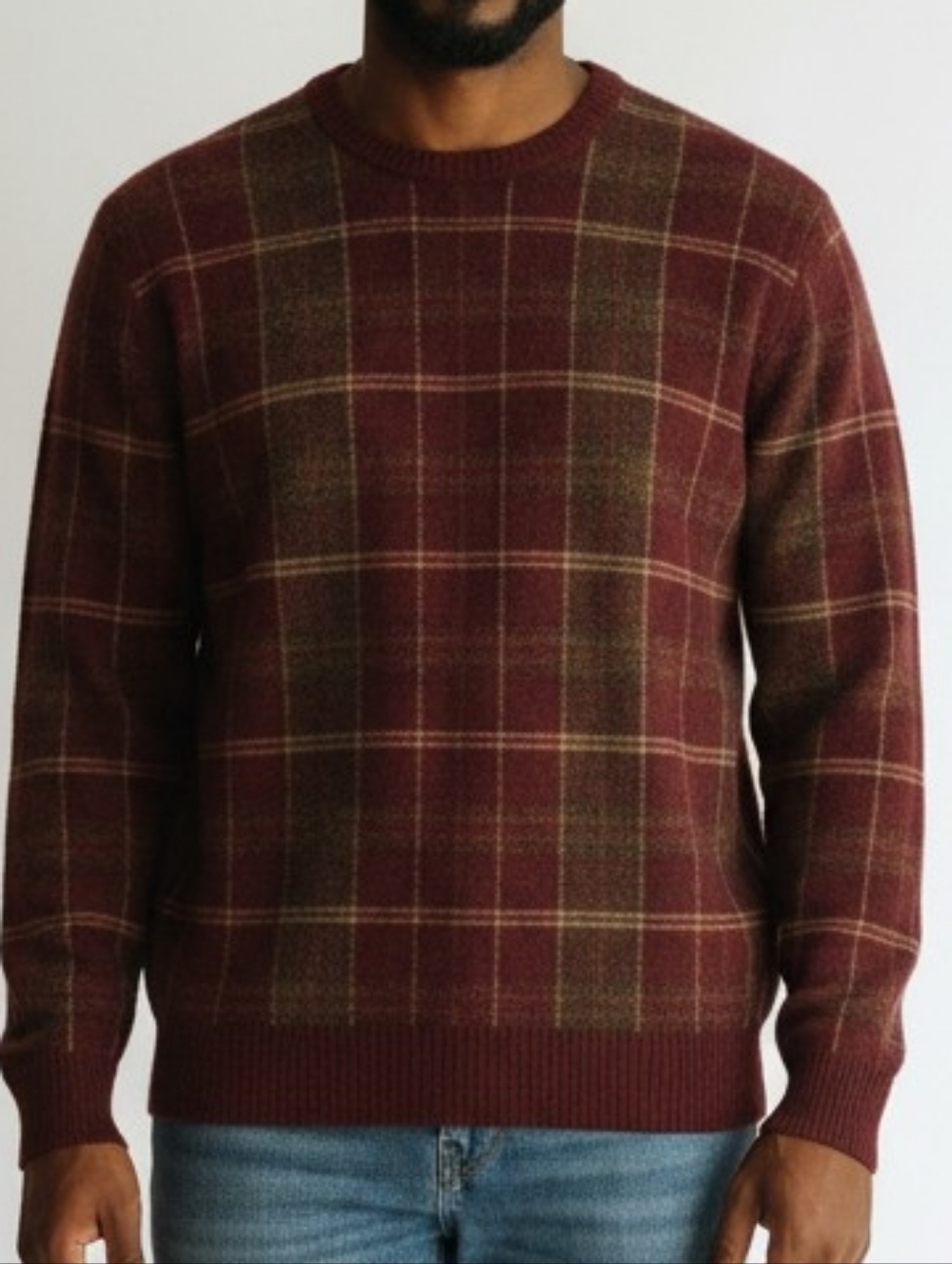Brooks Brothers Lambwool Burgundy Plaid Crewneck Sweater Mens Size US Medium
